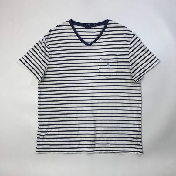 Polo Ralph Lauren Shirt Mens L White Navy Classic Fit Striped V Neck Pocket Tee - Picture 2 of 9